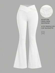 SHEIN Girlism Tween女孩純色不對稱腰線喇叭褲長褲休閒日常百搭 - 白色 - 查看 3