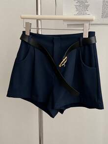 INAWLY Women's Summer Casual Versatile Solid Color Shorts - Navy Blue - View 4