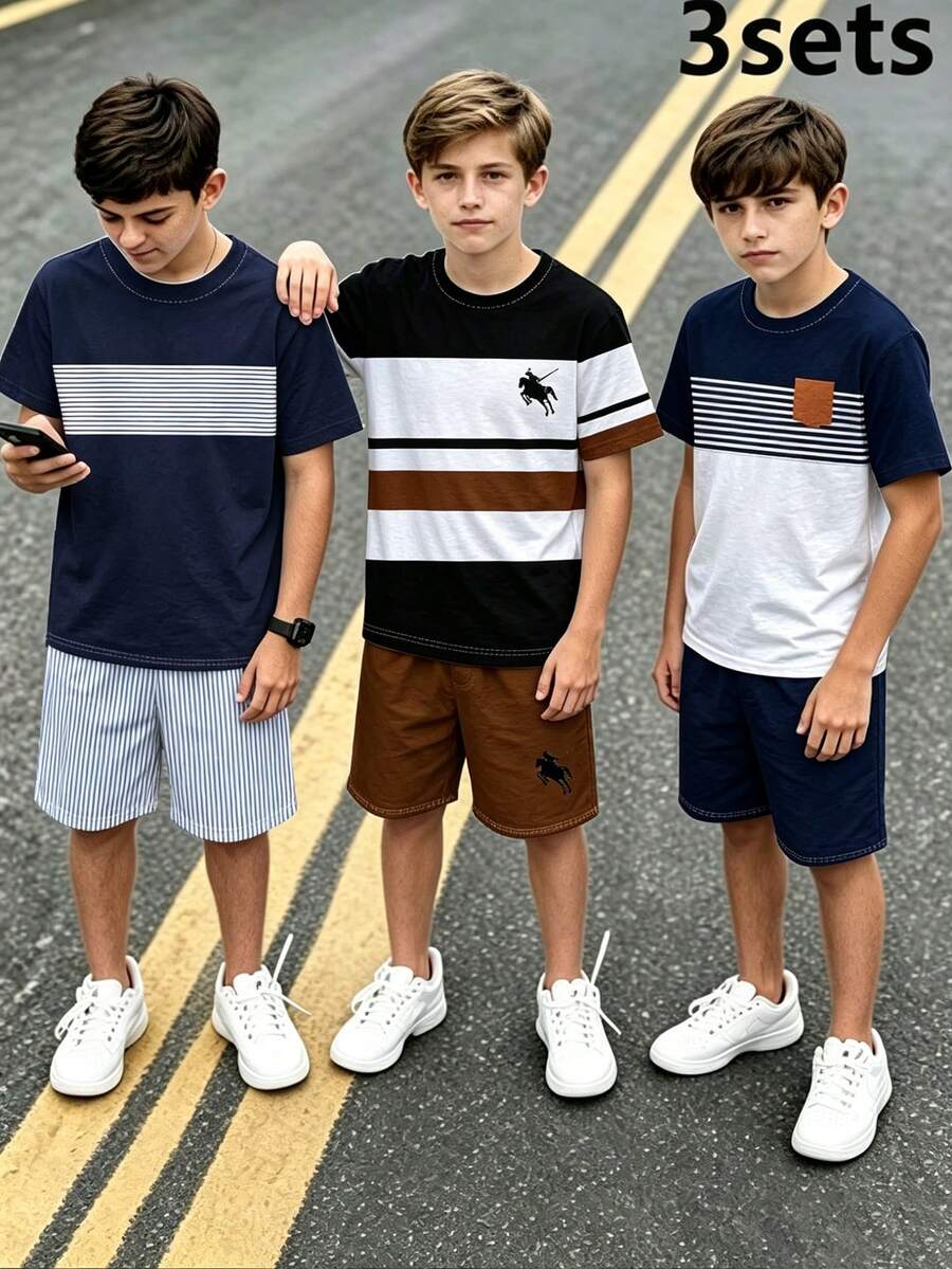 青少年男童夏季休闲日常通勤撞色条纹印花短袖T恤和短裤套装 - 彩色 - 查看 1