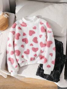 Emery Rose Kids Emery Rose Kids 少女心形圖案長袖抓絨冬季衛衣，印花套頭衫，休閒運動戶外優雅粉色與白色黑色秋季 - 粉色 - 查看 2