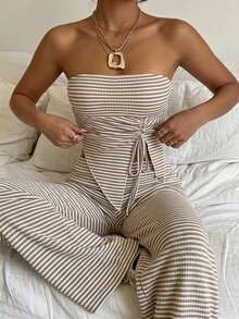 SHEIN EZwear 女款白色與棕色條紋針織不對稱下擺抹胸上衣與長褲兩件套，度假夏季性感居家早午餐夜店風 - 卡其色 - 查看 3