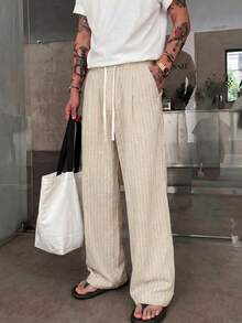 STEELVANCE Summer Linen Casual Vacation Striped Drawstring Men's Long Pants - Khaki - View 4
