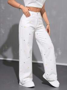 SHEIN ICON 女款休閒百搭日常牛仔褲，附口袋、鈕扣與花卉刺繡圖案 - 白色 - 查看 3