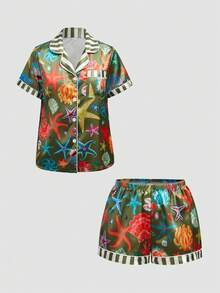 Chillnights Ensemble de pyjama satiné pour femmes avec col à revers, boutons devant, imprimé contrasté à rayures avec étoiles de mer, coquillages, corail et diamants de l'océan, jeune, vibrant et amusant - Multicolore - Voir 1