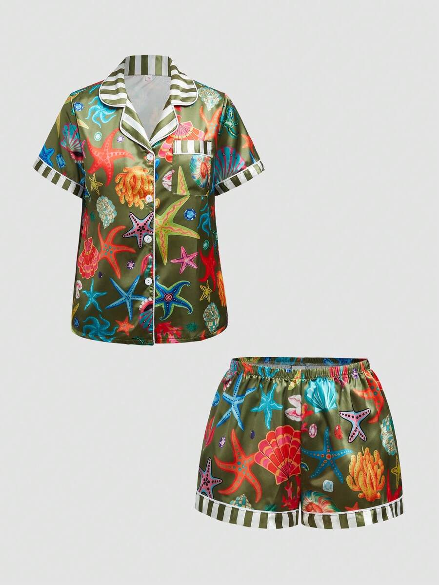 Chillnights Ensemble de pyjama satiné pour femmes avec col à revers, boutons devant, imprimé contrasté à rayures avec étoiles de mer, coquillages, corail et diamants de l'océan, jeune, vibrant et amusant - Multicolore - Voir 1
