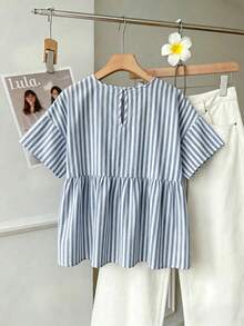 SHEIN EZwear 女款條紋圓領短袖寬鬆娃娃衫上衣 - 藍白色 - 查看 2