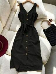 INAWLY Women's Summer Casual Solid Color Front Button Dress
