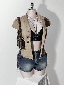 SHEIN ICON 女款大尺碼復古優雅性感時尚休閒雙排扣立領泡泡袖奶油色夏季風衣夾克 教師節辦公穿搭 - 卡其色 - 查看 13