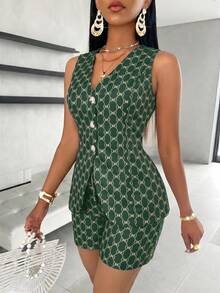 SOLERSUN Women's Vintage Allover Print Solid Button Front Vest Blazer & Shorts,Business Suit Set - Dark Green - View 6