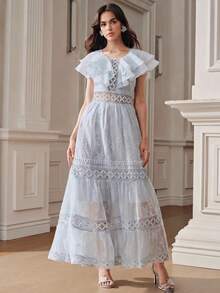 Anewsta Romantic Date Backless Women's Blue Ruffle Chiffon Jacquard Dress - Baby Blue - View 4