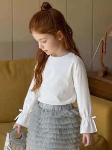 DAZY Young Young Girls Round Neck Long Sleeve T-Shirt With Bow Decor On Cuffs, Autumn - White - View 5