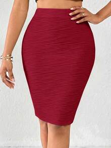 SHEIN Lady Women's Summer Elegant Solid Color Fitted Skirt Party Corporate Dark Red - Burgundy - View 6