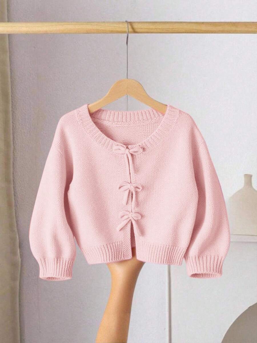 SHEIN LMoss Kids 女童針織秋季毛衣,蝴蝶結裝飾,可愛休閒,柔軟舒適百搭,適合居家、派對與度假場合 - 淺粉色 - 查看 1
