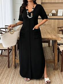 Weeklong Vestido de punto casual con cuello en V, rayas, bolsillos dobles, fruncido y abertura en el bajo para mujer talla grande, primavera/verano - Negro - Ver 3