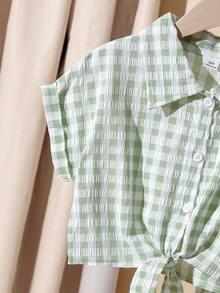 Mädchen Sommer Neues Kurzarmhemd, frisches weißes und grünes kariertes Kurzarmhemd mit Kragen und weite Hose Set, lässiges Mode Outfit - Grün - Übersicht 5