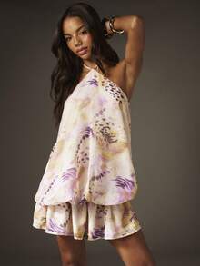 MISSGUIDED Halter Neck Ruffle Tiered Mini Dress With Purple Floral Abstract Print For Summer Party Occasions - Multicolor - View 2