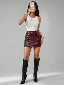 SHEIN Tall Women's Solid Color PU Leather Fashion Mini Skirt Night Burgundy Summer Sexy - Brown - View 3