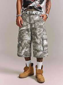 CRAVYNX Vintage Streetwear Fashion Versatile Heavy-Duty Rivet Multi-Pocket Design Loose Straight Leg Casual Denim Shorts For Summer Day Time Grey Camo - Army Green - View 3