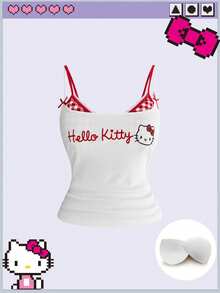 HELLO KITTY AND FRIENDS | ROMWE Top de tirantes para mujer talla grande con estampado de dibujos animados, decoración de lazo y almohadillas integradas - Beis - Ver 1