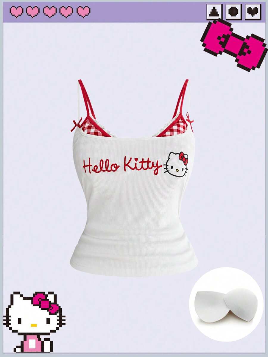 HELLO KITTY AND FRIENDS | ROMWE Top de tirantes para mujer talla grande con estampado de dibujos animados, decoración de lazo y almohadillas integradas - Beis - Ver 1