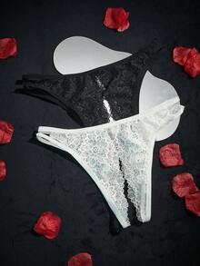 SpicyHot Black And White Floral Lace Hollow Low Waist Sexy Panties (2pcs Set) - Multicolor - View 1