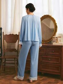 Côtesoire Romantic Pastoral Elegant Charming Fresh Lace Patchwork Flared Sleeve Open-Front Camisole & Long Pants 3 PiecesWomen's Loungewear Set - Baby Blue - View 2