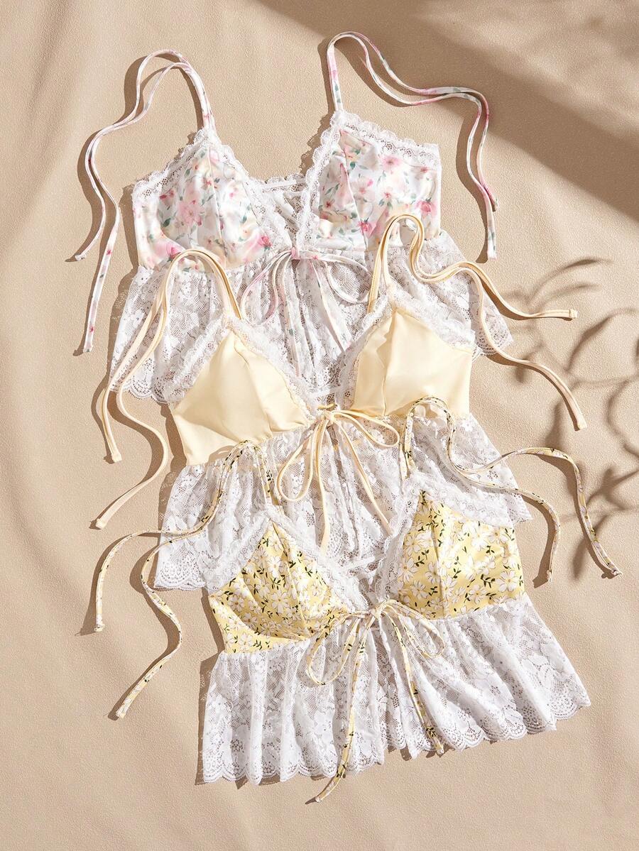 Lullawish Bohemian Vacation Style Floral & Solid Color Knit Fabric Patchwork Lace Tie Design Women's Pajama Top 3pcs Set - Multicolor - View 1