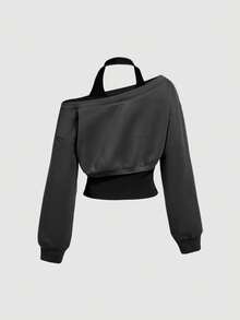 SHEIN MOD 女款鏤空設計 2 合 1 時尚掛脖領衛衣 - 黑色 - 查看 6
