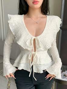 DAZY 女款白色休閒開襟襯衫，喇叭袖與荷葉邊飾，優雅蕾絲襯衫，適合夏季與秋季，婚禮與宴會長袖 - 白色 - 查看 5