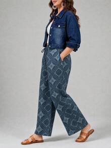 EMERY ROSE Summer Casual Dark Blue Printed Denim Straight Leg Pants Plus Size Women Non Stretch Daily Wear - Medium Wash - View 5