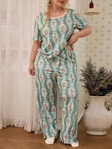 CottageSlumber Floral Print Lace Trim Short Sleeve Long Pants Plus Size Pajama Set - Green - View 4