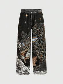 ROMWE MEN Street Life Men's Tiger Rhinestone Embossed Distressed Straight Leg Jeans - Black - View 1