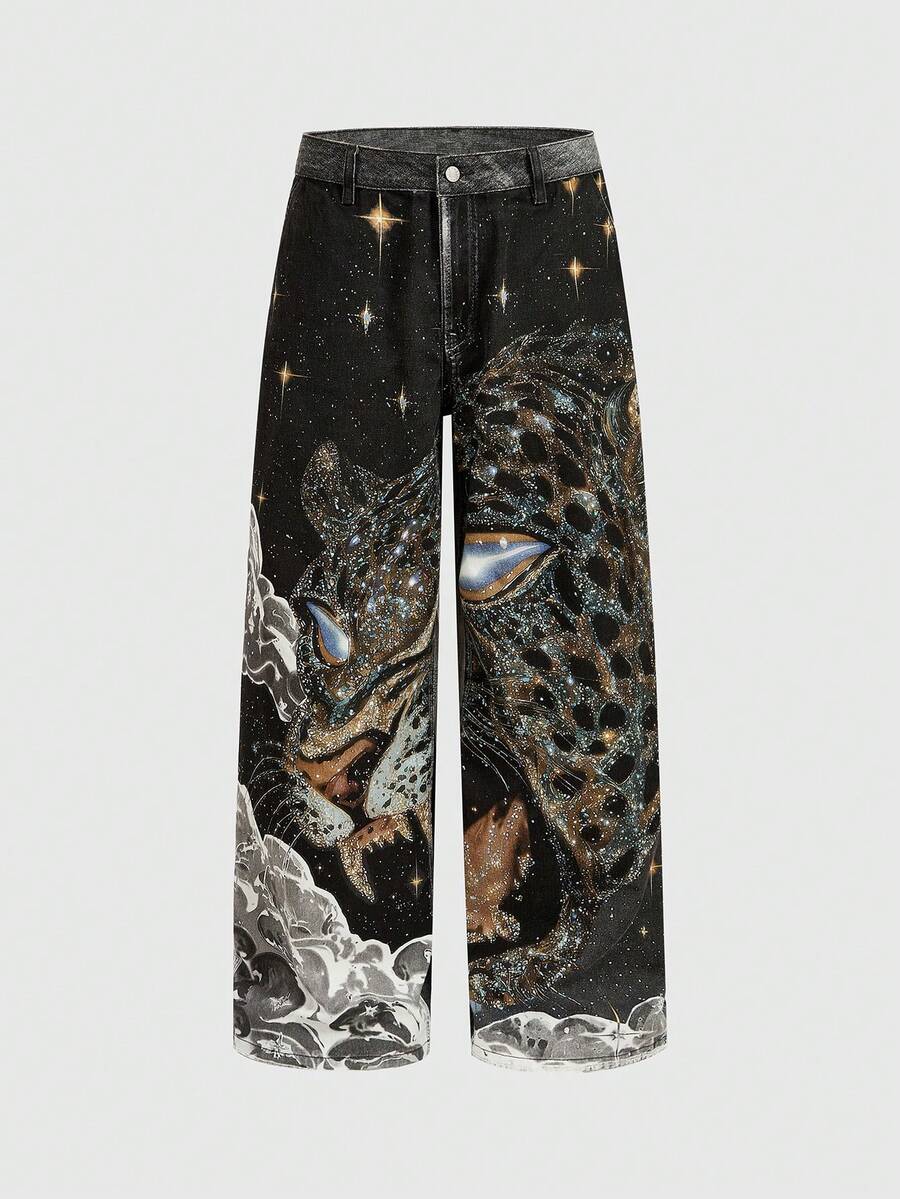 ROMWE MEN Street Life Men's Tiger Rhinestone Embossed Distressed Straight Leg Jeans - Black - View 1