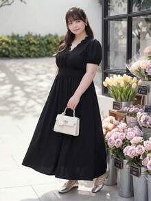 Bijouette 大尺碼夏季優雅純色花瓣袖洋裝 - 黑色 - 查看 10