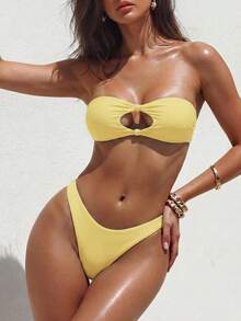 Swim Mod Two-Piece Swimsuit, Wireless Bandeau Top, Triangle Bikini Bottom - Yellow - View 4