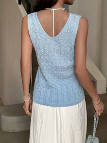 Yunfilé V-Neck Textured Camellia Knit Top For Women, Summer Vacation Light Blue Elegant - Baby Blue - View 2