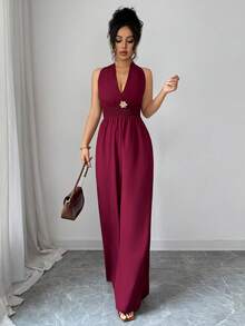 SHEIN Elenzya Damen einfarbiger Jumpsuit mit gerafftem Neckholder und geraffter Taille - Rot - Übersicht 6