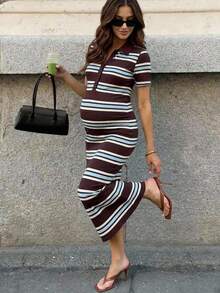 MaterniWear Summer Outfit,Pregnant Women's Striped Print Short Sleeve Dress, Summer Maternity Photoshoot Maternity Photoshoot Casual Maternity Photoshoot - Multicolor - View 2