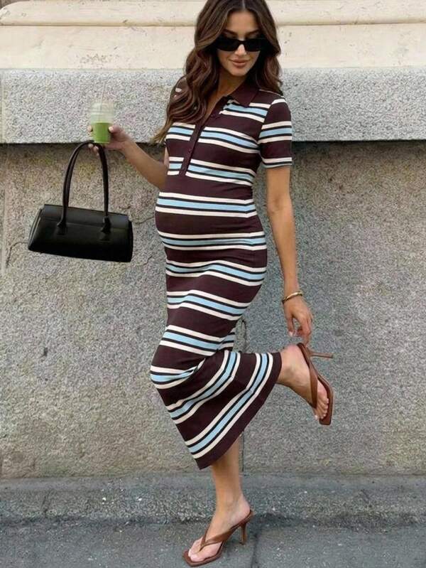 MaterniWear Pregnant Women's Striped Print Short Sleeve Dress, Summer Maternity Photoshoot Maternity Photoshoot Casual