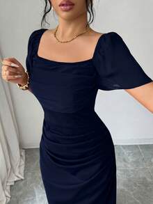 SHEIN Elenzya Short Sleeve Square Neck Cinched Waist Elegant Romantic Exquisite Women's Dress - Navy Blue - View 3
