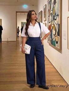 SHEIN MOD Jumpsuit Denim Longgar dengan Saku dan Kancing Serbaguna untuk Ukuran Plus - Aprikot - View 5