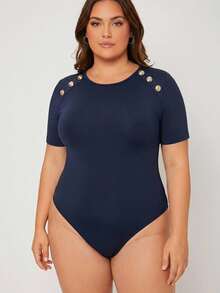 SHEIN BASICS Body de manga corta de color liso talla grande - Azul Marino - Ver 5