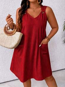 Linhara CURVE Plus Size Women's Striped Dual Pocket Casual Sleeveless Dress - Red - View 6