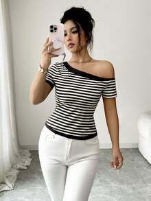 Elenzga Women's Summer Casual Striped Asymmetric Collar T-Shirt - Multicolor - View 4