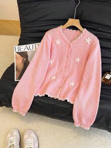 SHEIN Franclia 女款 3D 花卉裝飾單排扣休閒日常開襟衫 - 粉色 - 查看 4