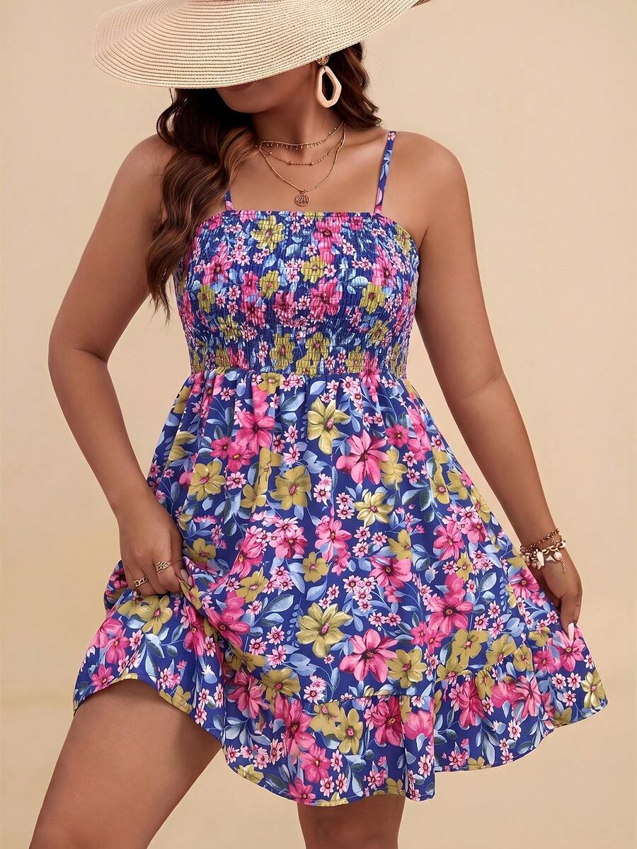 Travachic WYWH Women Vacation Summer Break Plus Floral Print Ruffle Hem Cami Flower Dress Beach Navy Blue Boho - Multicolor - View 1