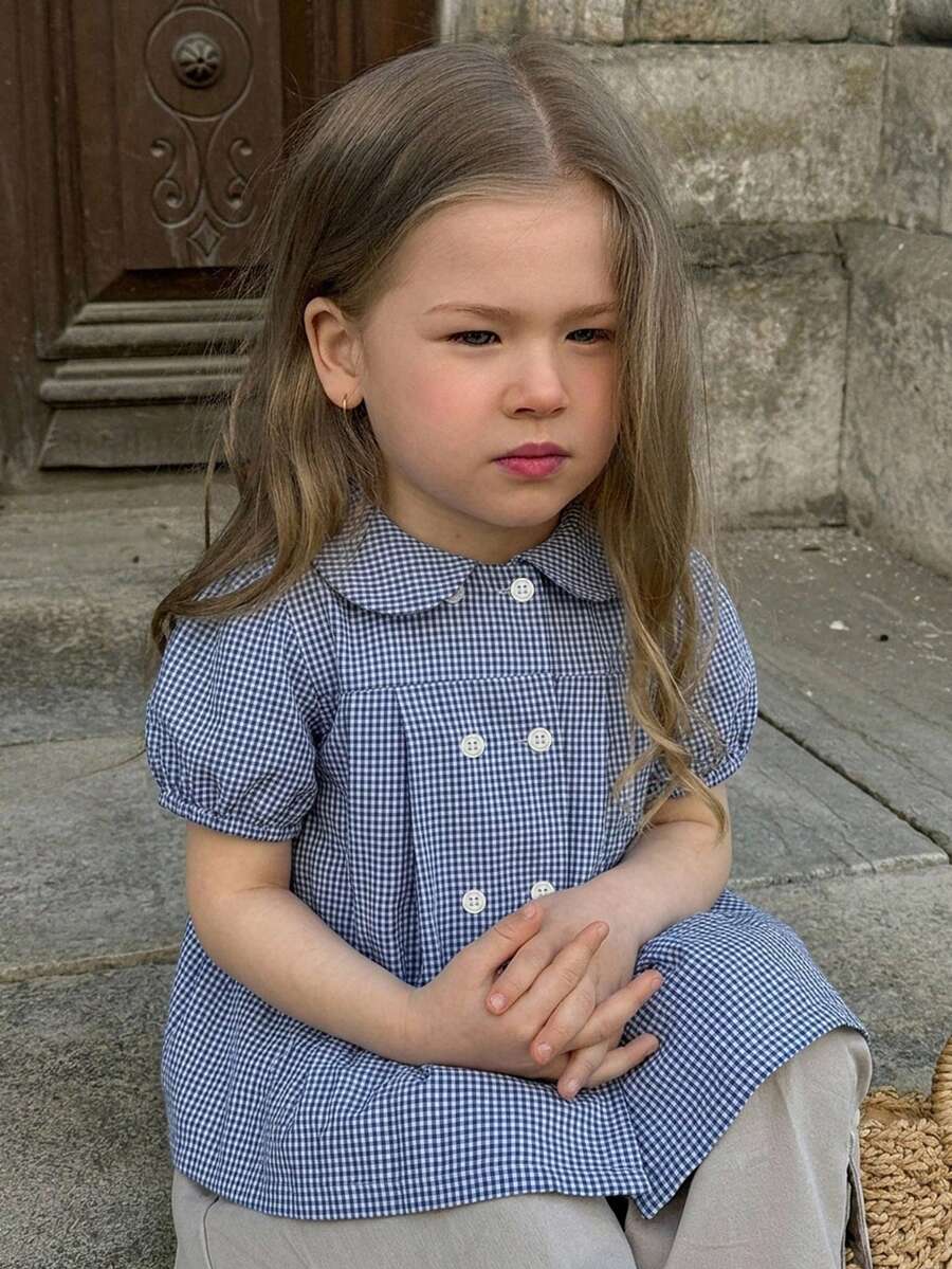 Hapijoa 可愛彼得潘領短袖格紋A字版型寬鬆女童夏季上衣 - 藍色 - 查看 1