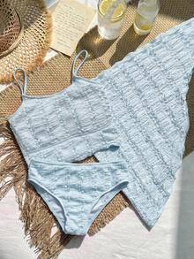 DAZY Tween Girl Solid Color Textured Swimwear Set Summer - Blue - View 8