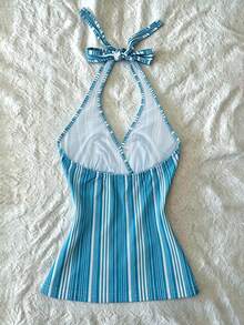 IslaSuriya Digital Striped Print Women's Plus Size Halter Neck Tie Tank Top - Multicolor - View 2