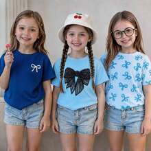 Set de 3 camisetas de niña con estampado de dibujo animado de capibara, de cuello redondo y manga corta para el verano - Azul Cadete - Ver 3